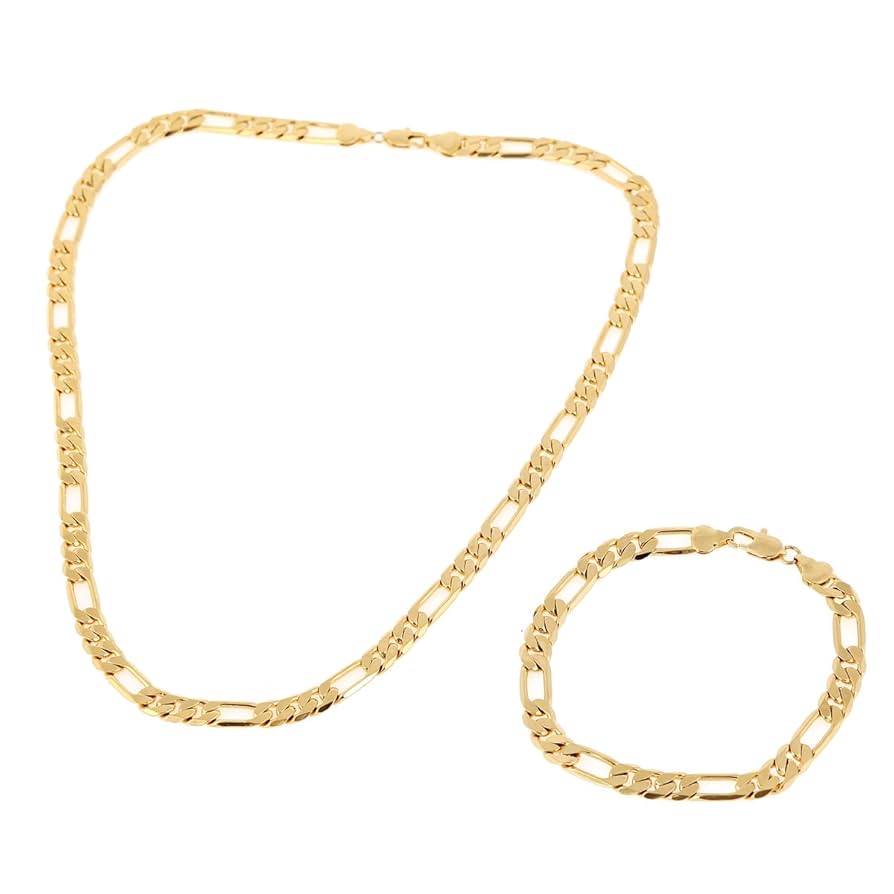 24k Yellow Gold Plated Mens Chain Bracelet Set of Figaro